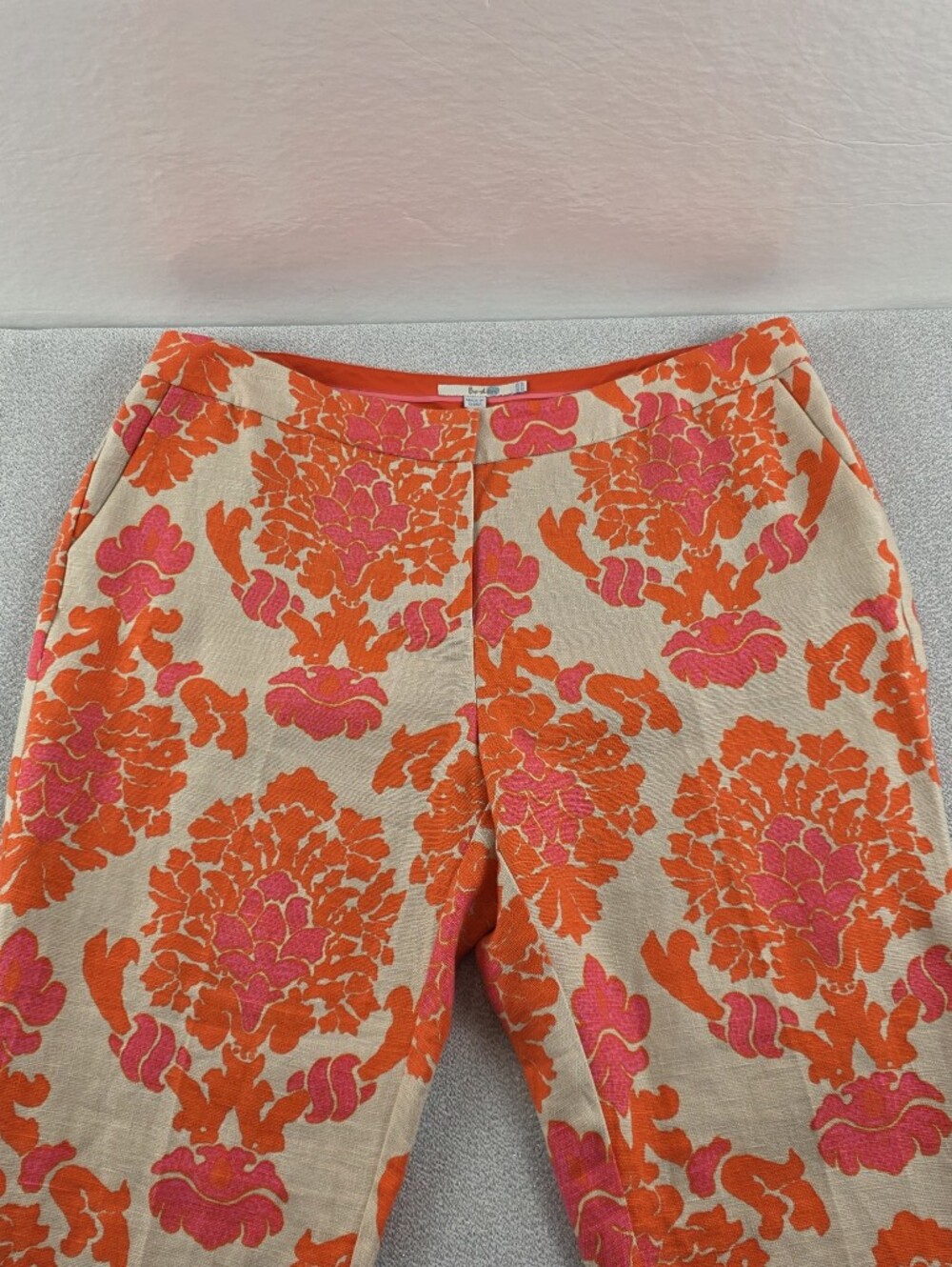 Boden Floral Brocade Linen Pants Tan Orange Pink Wmn's 16R - Picture 6 of 13